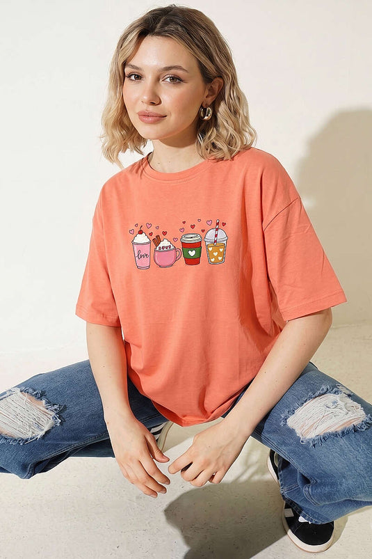 Salmon T-shirt with Heart-Printed Glass Design