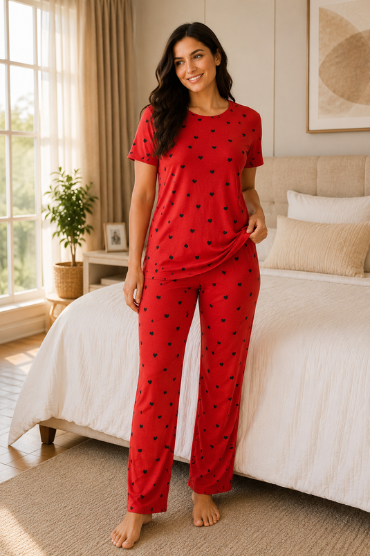 Kalpli Büyük Beden Pijama Takımı Kırmızı