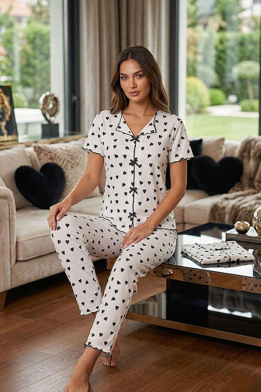 Kalpli Kurdele Detaylı Kısa Kollu Pijama Takımı Beyaz
