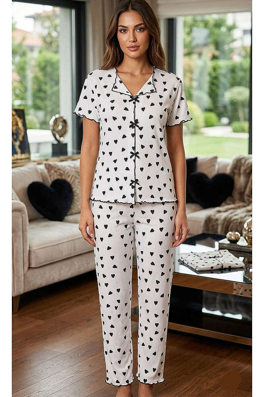 Kalpli Kurdele Detaylı Kısa Kollu Pijama Takımı Beyaz