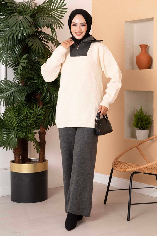 Trucker Collar Zipper Detailed Knitwear Two Piece Set Ecru-Smoke