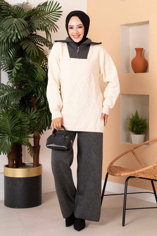 Trucker Collar Zipper Detailed Knitwear Two Piece Set Ecru-Smoke