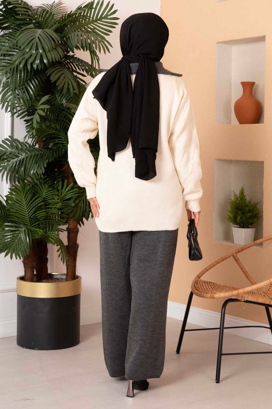 Trucker Collar Zipper Detailed Knitwear Two Piece Set Ecru-Smoke