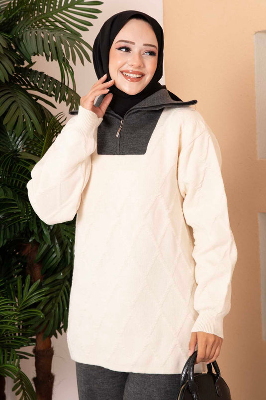 Trucker Collar Zipper Detailed Knitwear Two Piece Set Ecru-Smoke