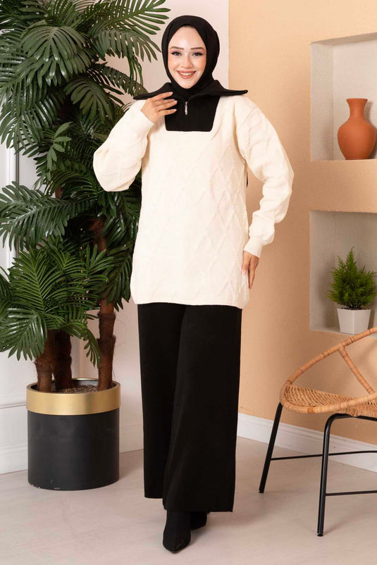 Ensemble deux pièces en tricot avec col camionneur et fermeture éclair, écru-noir