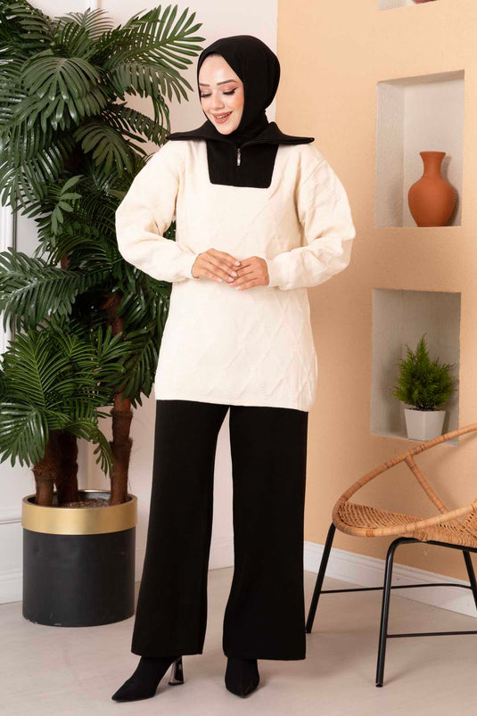 Ensemble deux pièces en tricot avec col camionneur et fermeture éclair, écru-noir