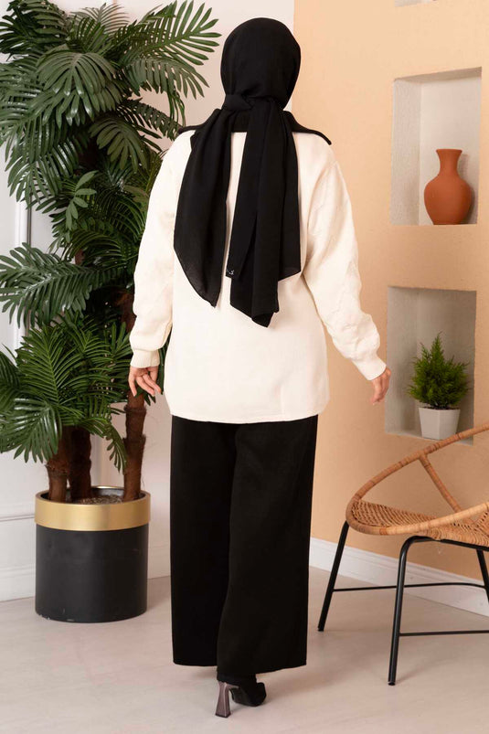 Ensemble deux pièces en tricot avec col camionneur et fermeture éclair, écru-noir