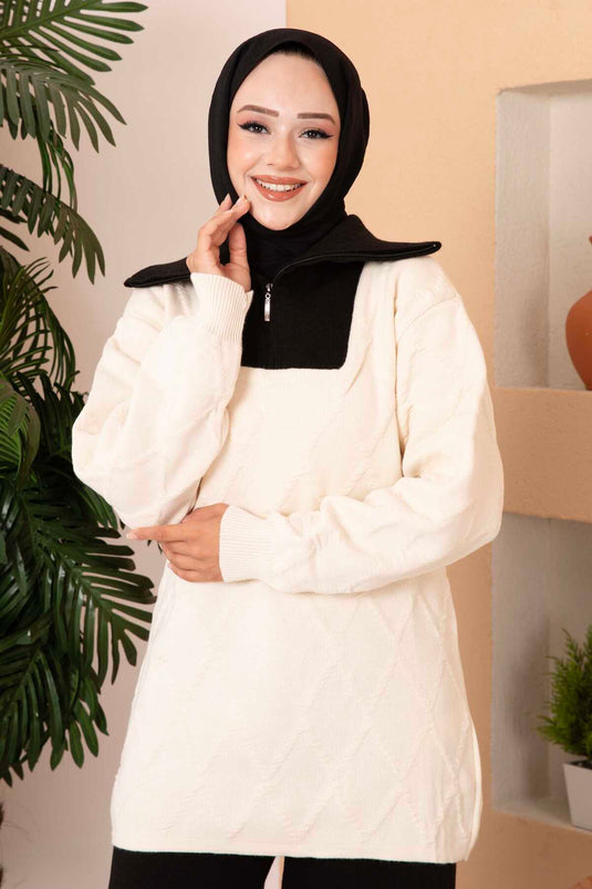 Ensemble deux pièces en tricot avec col camionneur et fermeture éclair, écru-noir