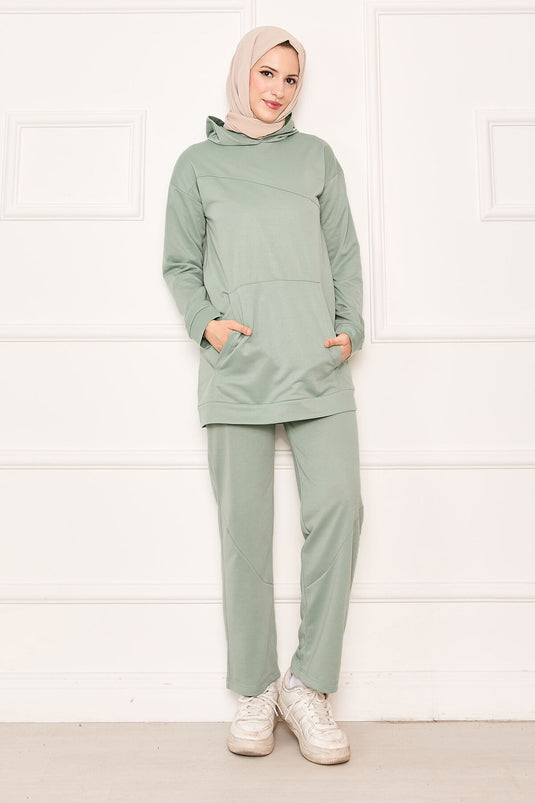Combinaison deux pièces à poches kangourou et capuche, couleur menthe