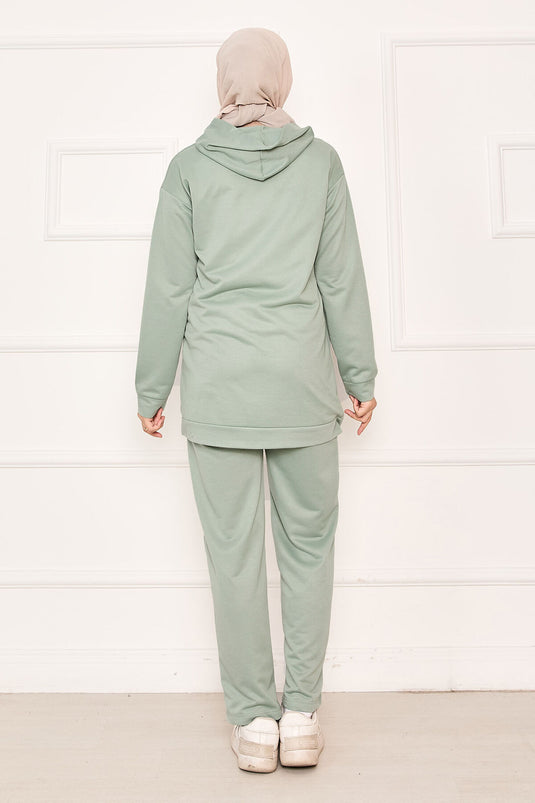 Combinaison deux pièces à poches kangourou et capuche, couleur menthe
