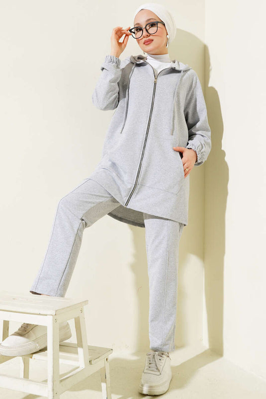 Kangaroo Pocket Zippered Two Piece Suit Melange Gray