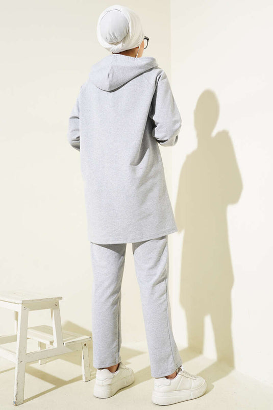 Kangaroo Pocket Zippered Two Piece Suit Melange Gray