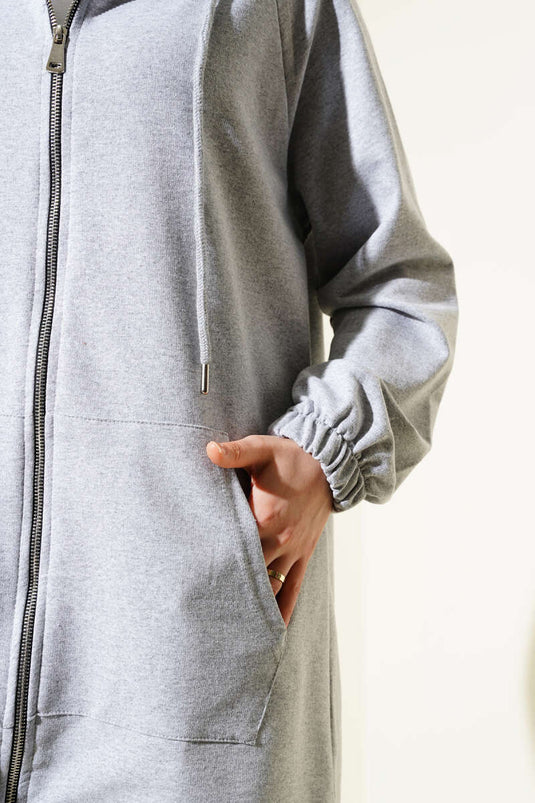 Kangaroo Pocket Zippered Two Piece Suit Melange Gray