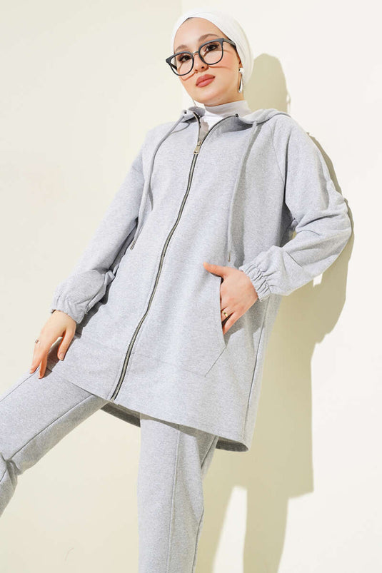 Kangaroo Pocket Zippered Two Piece Suit Melange Gray