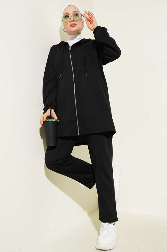 Kangaroo Pocket Zippered Two Piece Suit Black