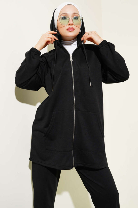 Kangaroo Pocket Zippered Two Piece Suit Black