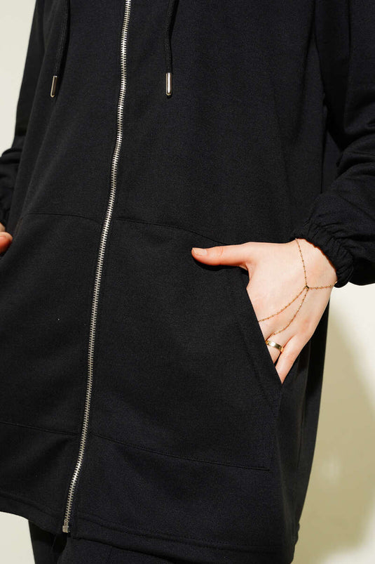 Kangaroo Pocket Zippered Two Piece Suit Black