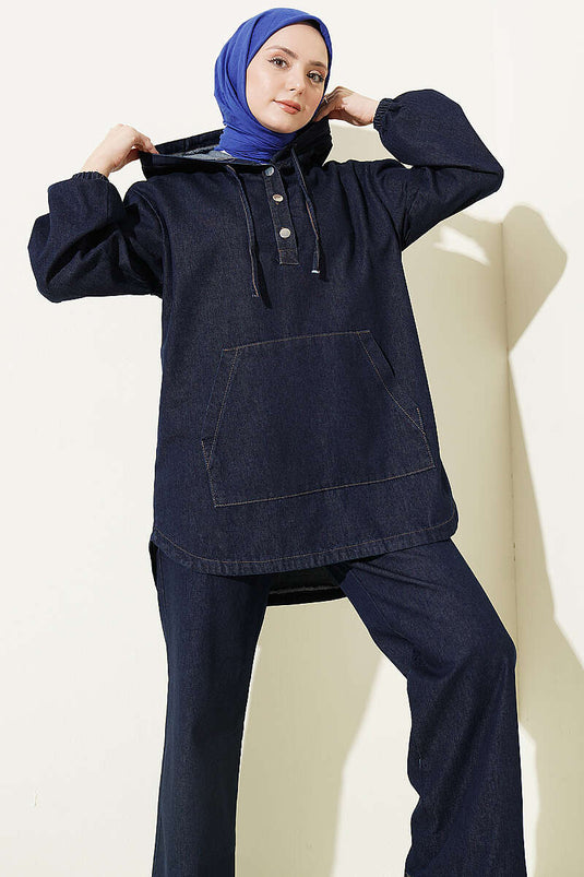 Kanguru-Tasche Kapuzen-Jeans Zweiteiler Dunkelblau