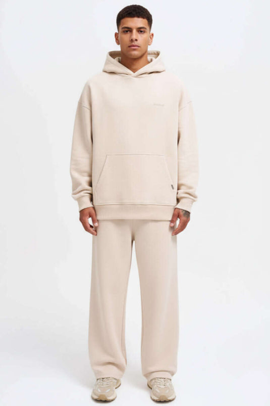 Kanguru Pocket Hooded Cotton Men's Sweatshirt Beige