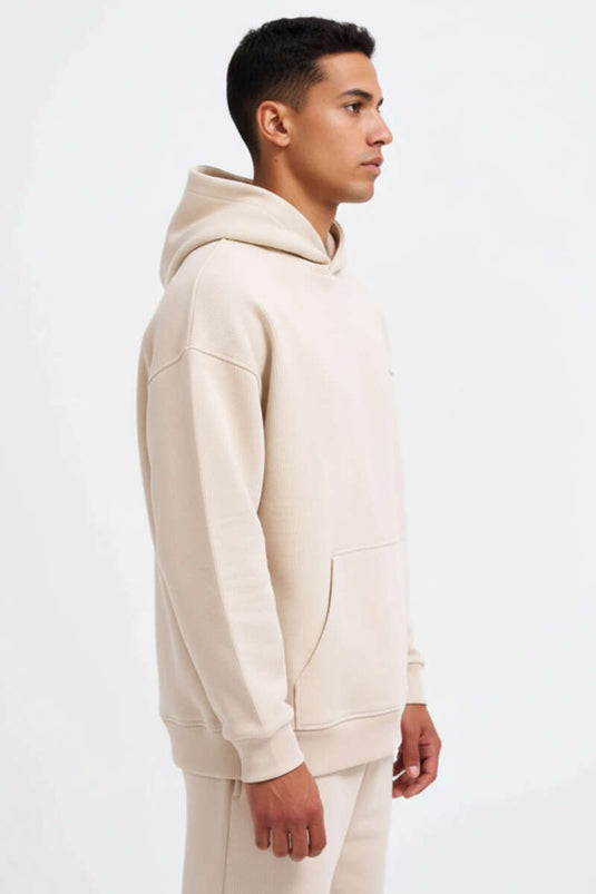 Kanguru Pocket Hooded Cotton Men's Sweatshirt Beige