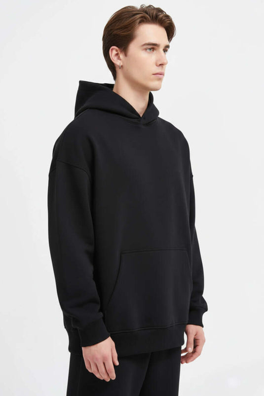 Kanguru Pocket Hooded Cotton Men's Sweatshirt Black