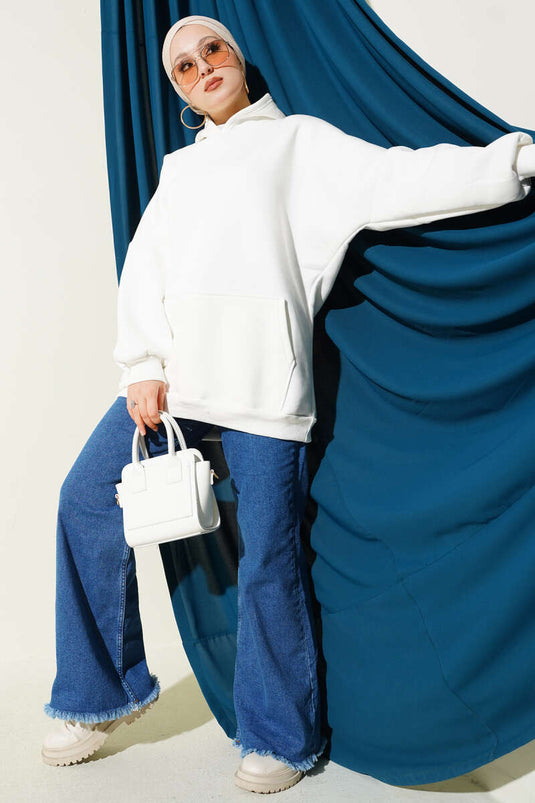 Kangaroo Pocket Hooded Fleece Sweatshirt, Ecru