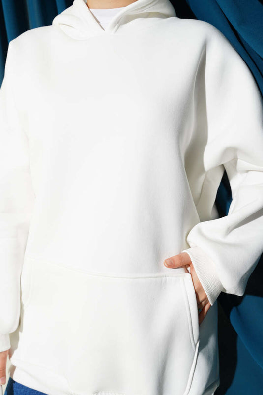 Kangaroo Pocket Hooded Fleece Sweatshirt, Ecru