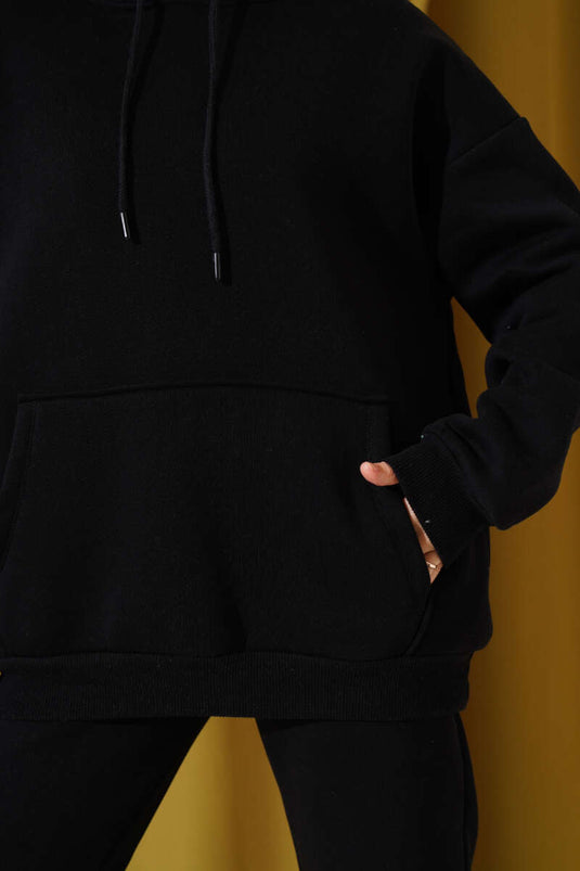 Kanguru Cepli Kapüşonlu Üç İplik İkili Takım Siyah