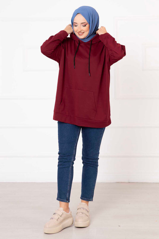 Kanguru Cepli Tesettür Sweatshirt Bordo
