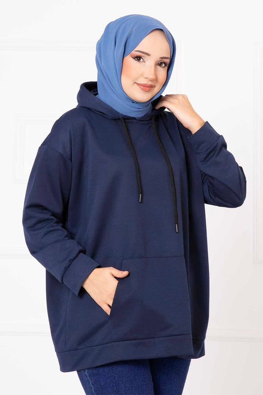 بلوزة رياضية محتشمة بجيب كنجارو لون النيلي