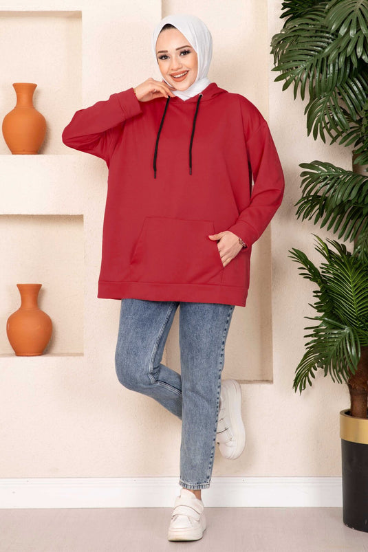 Sweat-shirt hijab à poche kangourou rouge