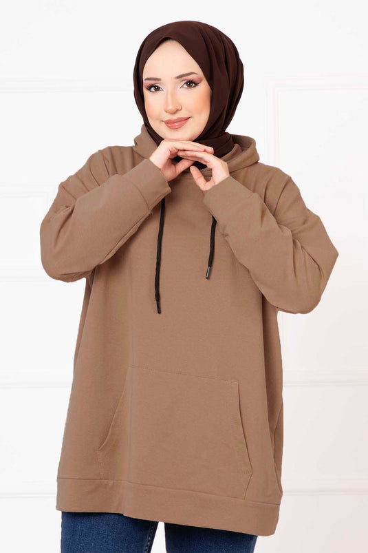 Felpa Modesta Con Cappuccio E Tasca Kangaroo In Vison Scuro