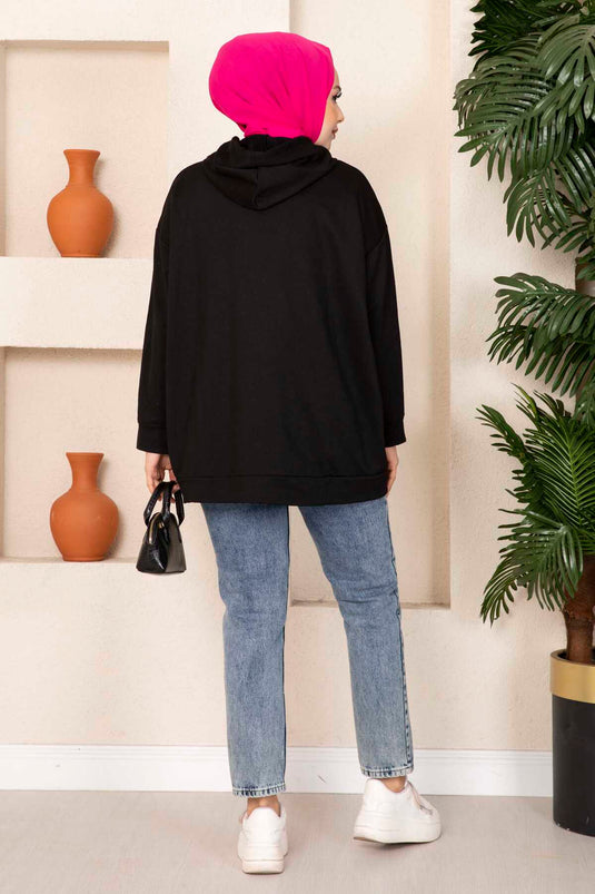 Kanguru Cepli Tesettür Sweatshirt Siyah