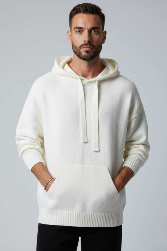 Men's Knitted Sweatshirt with Kangaroo Pocket, Ecru