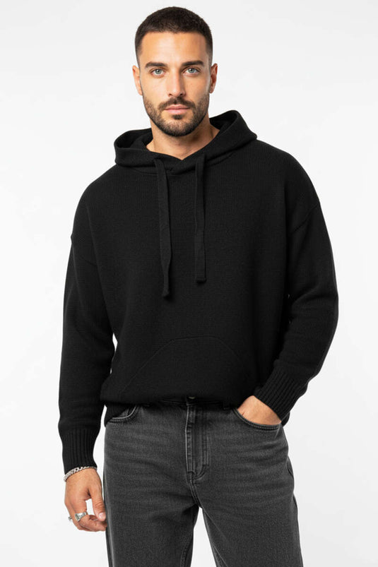 Men's Knitted Sweatshirt with Kangaroo Pocket, Black