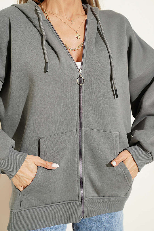 Cardigan Grigio Con Tasche Kangaroo A Tre Fili