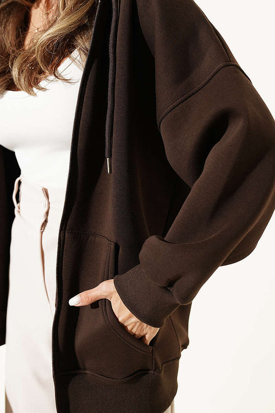 Kangaroo Pocket Three-Ply Knit Cardigan In Brown