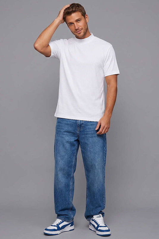 Kapalı Yaka Basic Erkek T-shirt Beyaz