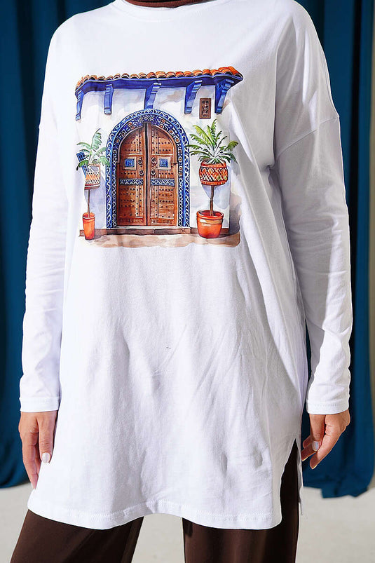 Kapı Baskılı Basic Tunik Beyaz