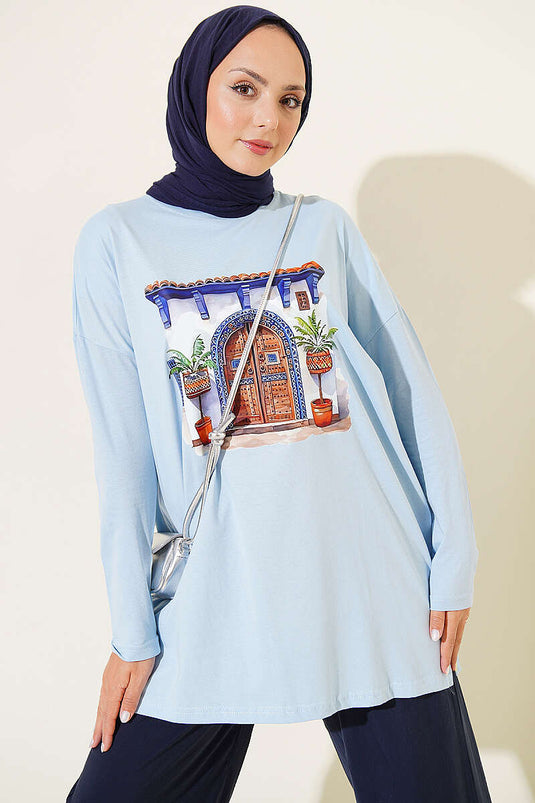Kapı Baskılı Basic Tunik Mavi