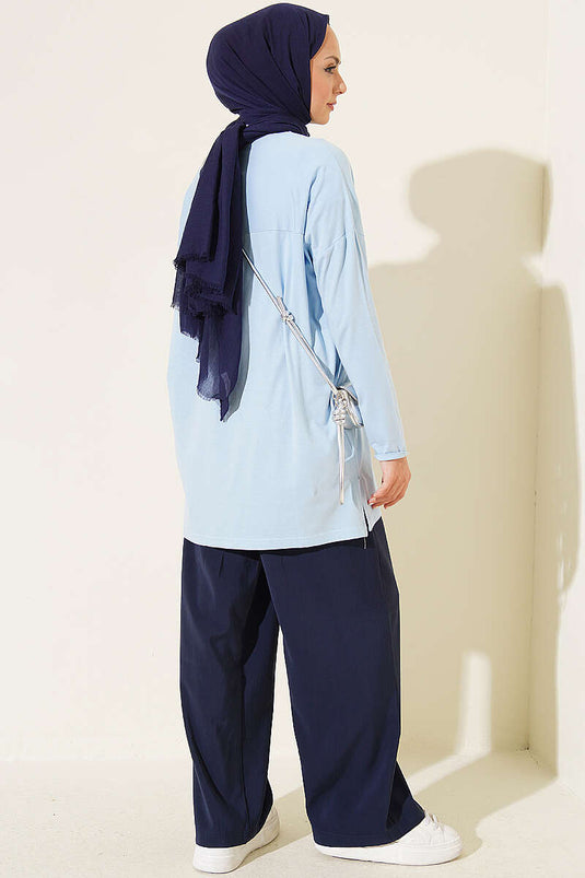 Kapı Baskılı Basic Tunik Mavi