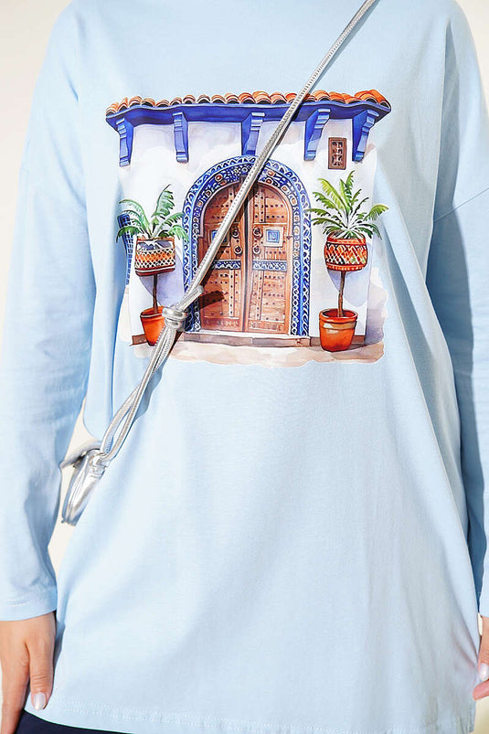 Kapı Baskılı Basic Tunik Mavi