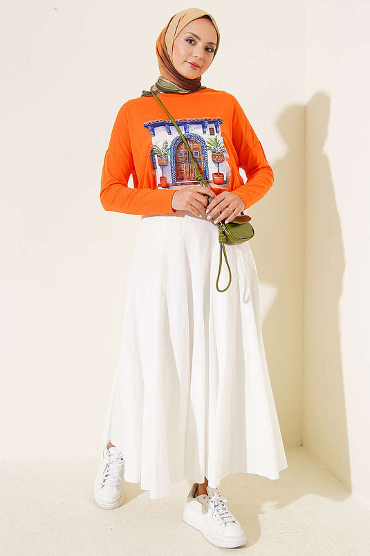 Kapı Baskılı Basic Tunik Oranj