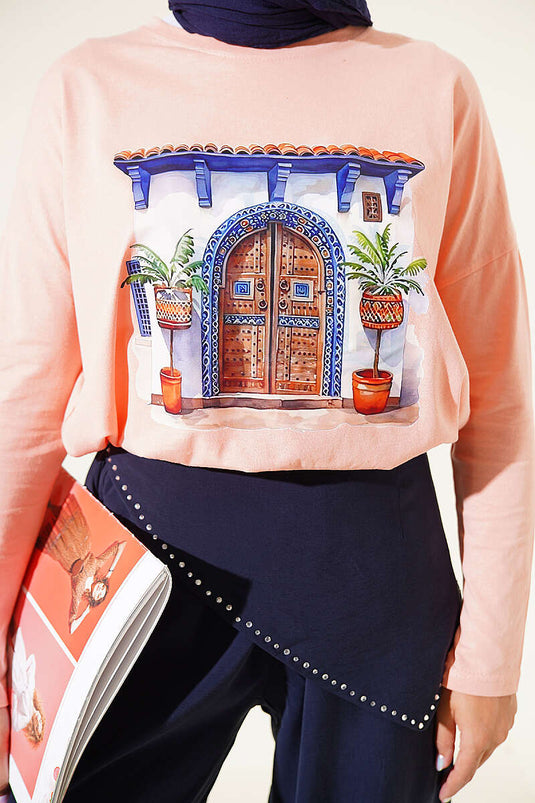 Kapı Baskılı Basic Tunik Pudra