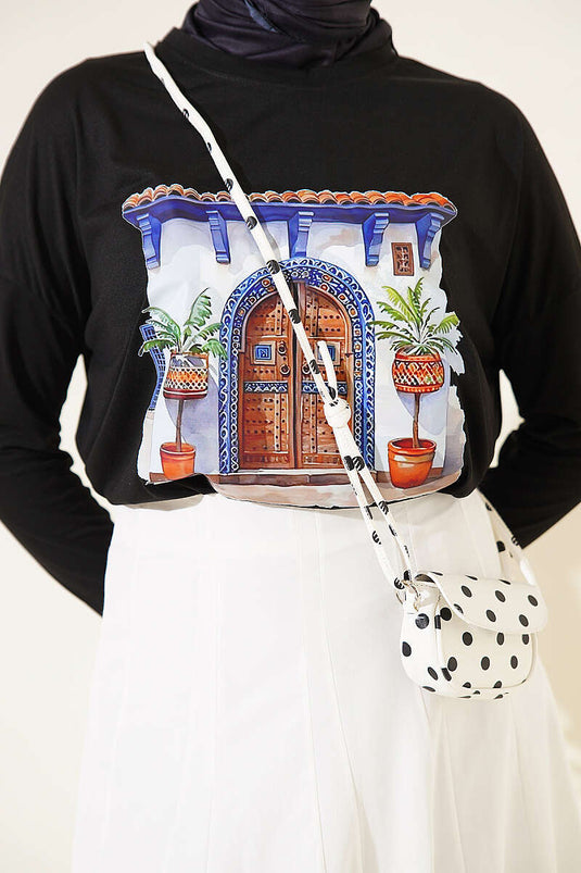 Kapı Baskılı Basic Tunik Siyah