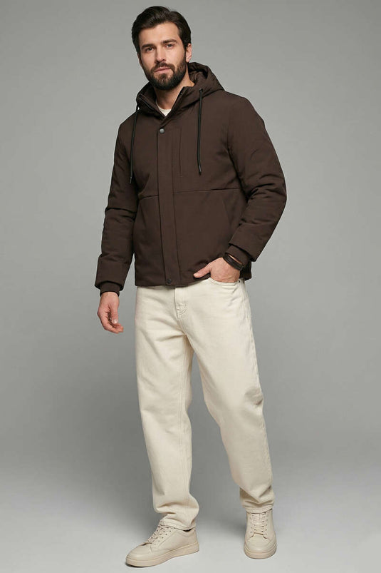 معطف مبطن بغطاء رأس كابتون بني