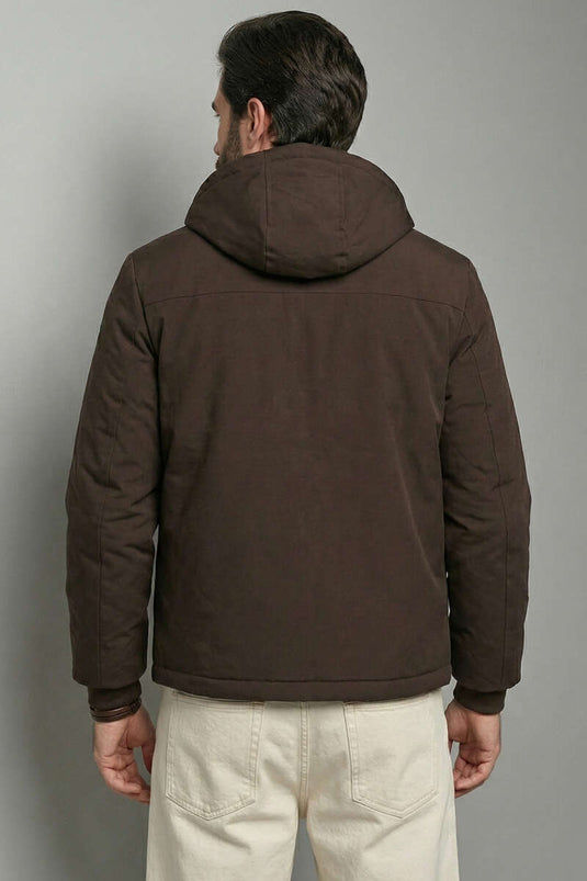معطف مبطن بغطاء رأس كابتون بني