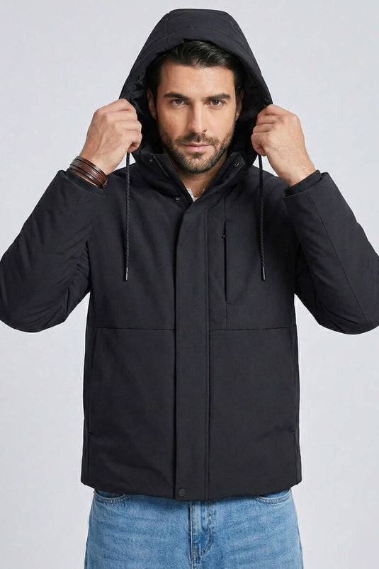 معطف مبطن بغطاء رأس كابيتون أسود