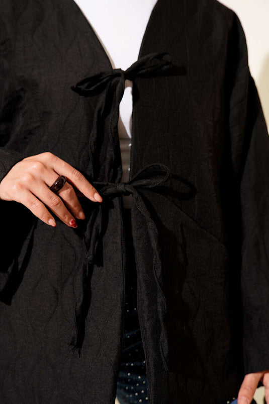Kapitone Bağlamalı Kimono Siyah