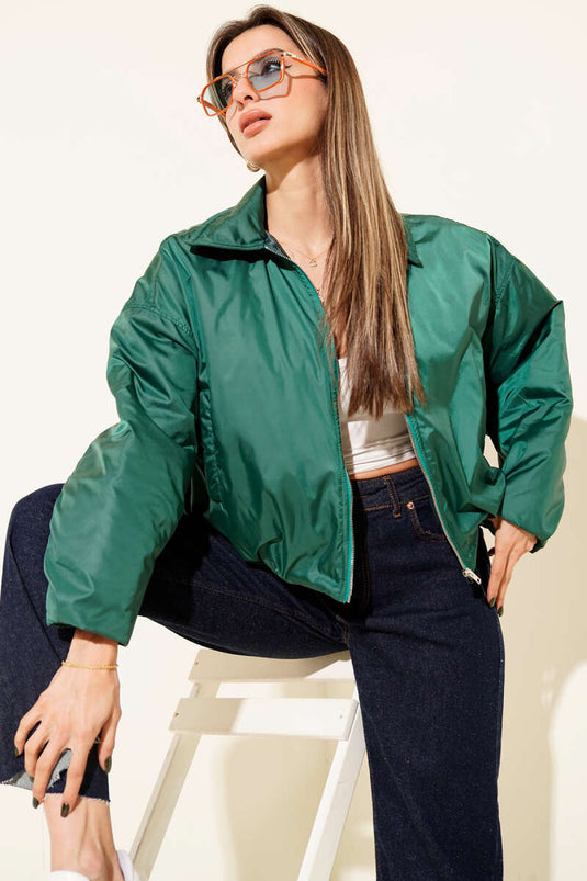 Kapitone Bomber Kısa Mont Yeşil